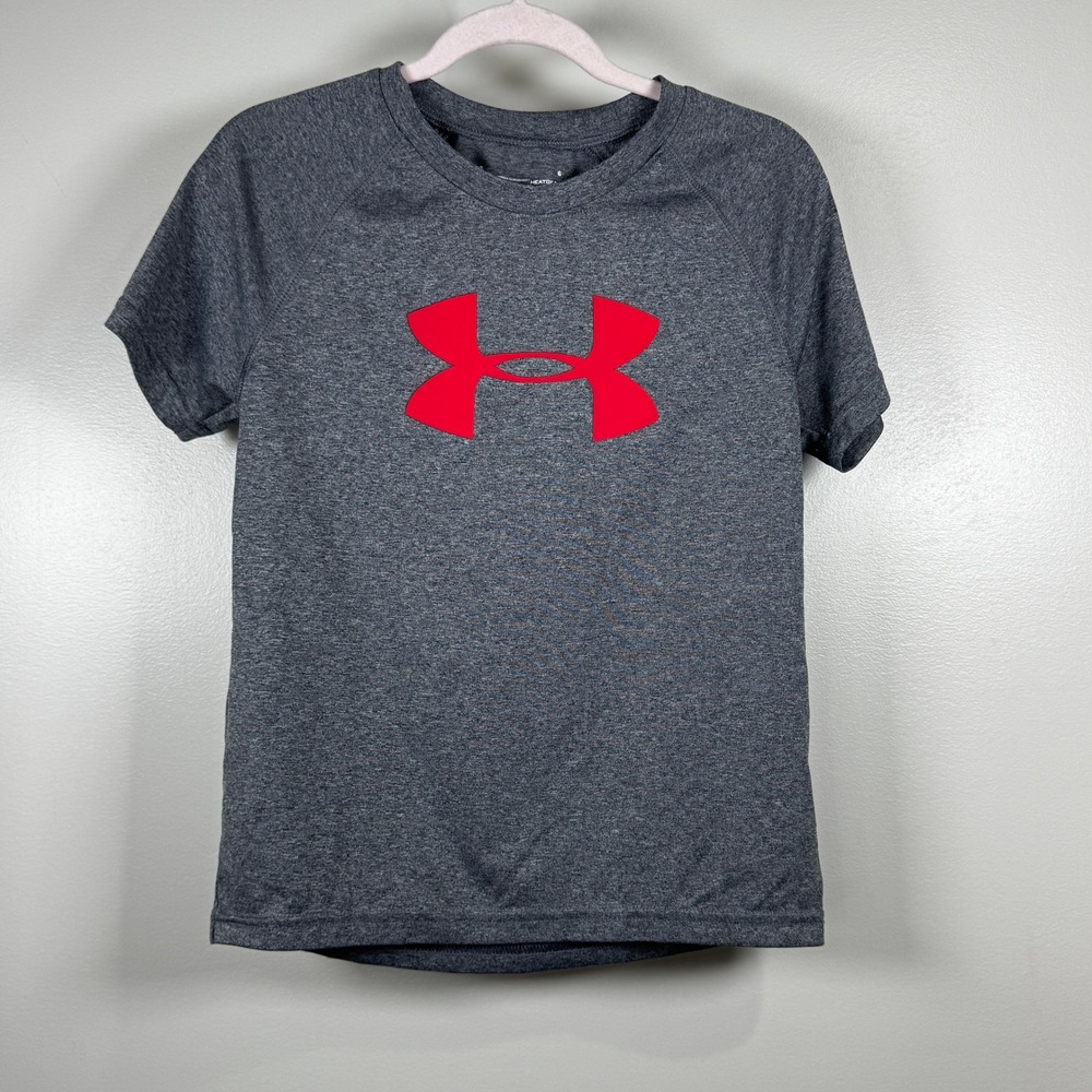 Under Armour Boys 6 HeatGear Gray Heather Red Logo T Shirt Athletic Athleisure